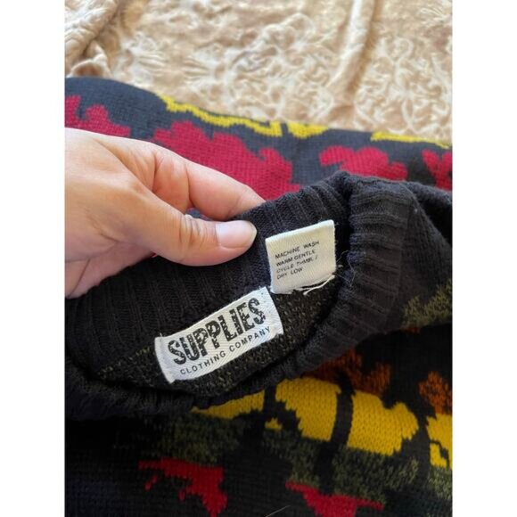 Vintage 80s‎ Abstract Leaf Graphic Knit Sweater Black Multicolor Size Medium - Picture 6 of 6